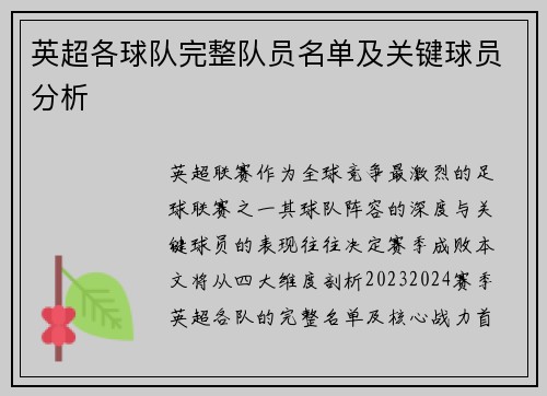 英超各球队完整队员名单及关键球员分析